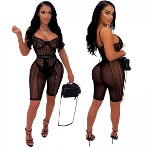 Lace Sheer Mesh Jumpsuit V Neck Spaghetti Straps Backless Skinny Shorts Overalls Night Clubwear Romper